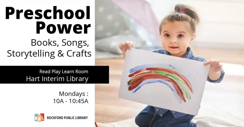 Child holding painting of rainbow with words, Preschool Power Storytime